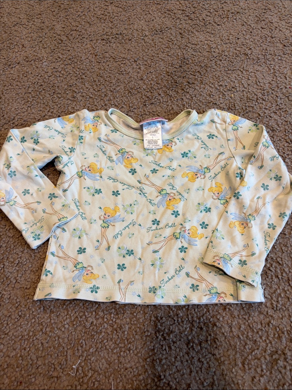 B68 Y2K TinkerBell Long Sleeve Kids Top - Light Cream with Green Prints, 6X